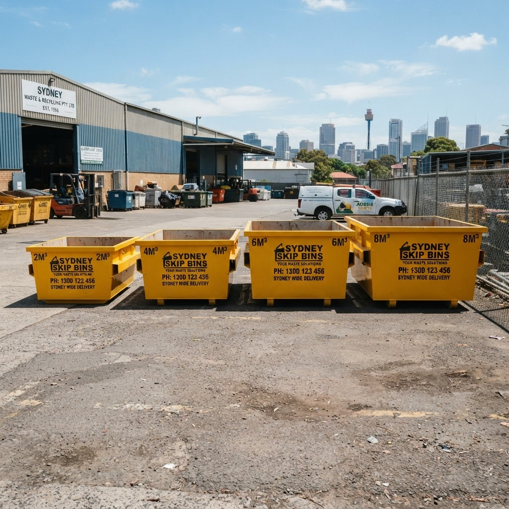 A row of yellow skip bins of various sizes at the Starloads depot in Bankstown