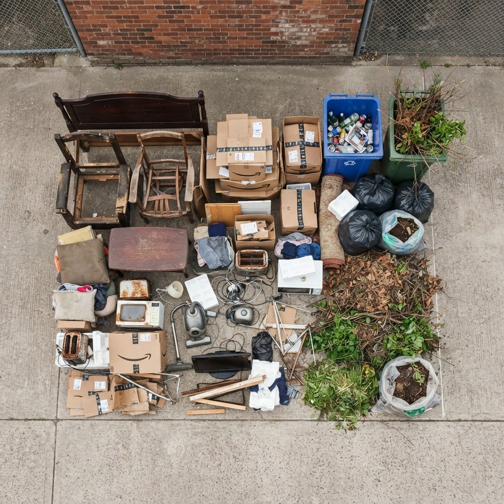Assorted household and general waste items prepared for collection and removal