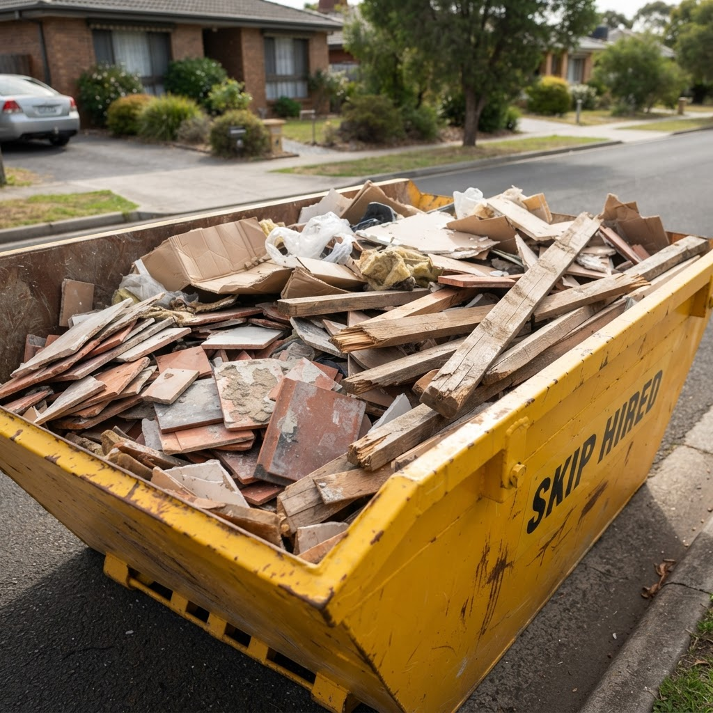 Yellow skip bin loaded with construction waste and renovation debris